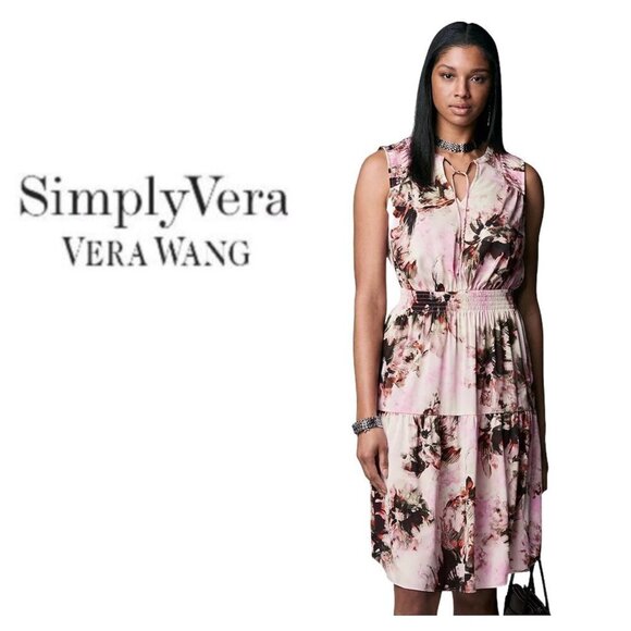 Simply Vera Wang Womens Pink Floral Smocked V Neck Midi Sundress Sz S New - Picture 7 of 9